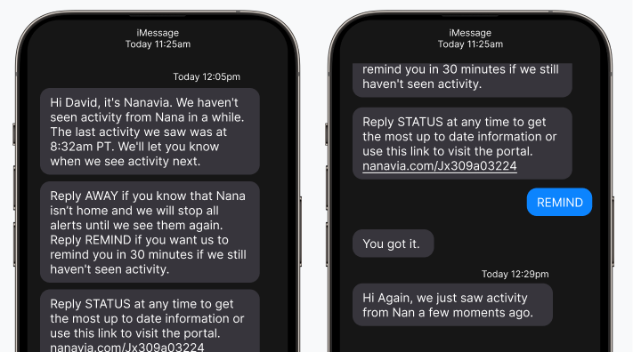 Mobile phone showing Nanavia alert text message